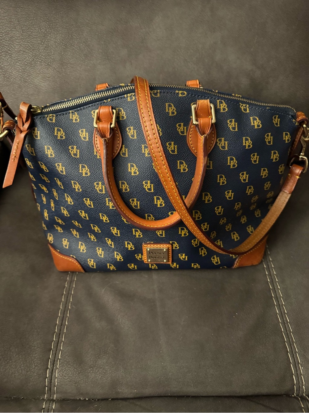 Dooney & Bourke Navy Logo Dome Satchel with Brown Trim - Picture 9 of 16